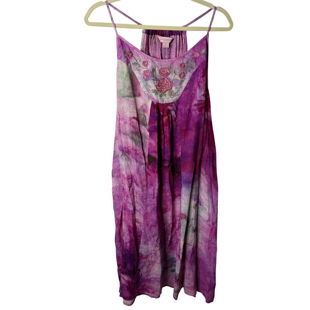 April Cornell Midi Dress Women L Purple Tie Dye Floral Embroidered Boho Festival
